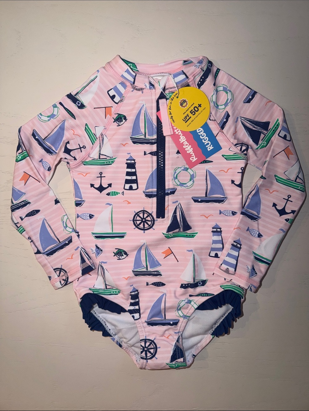 Rufflebutts Sails Long Sleeve One Piece Rashguard Nautical Print 2T 3T 5 6